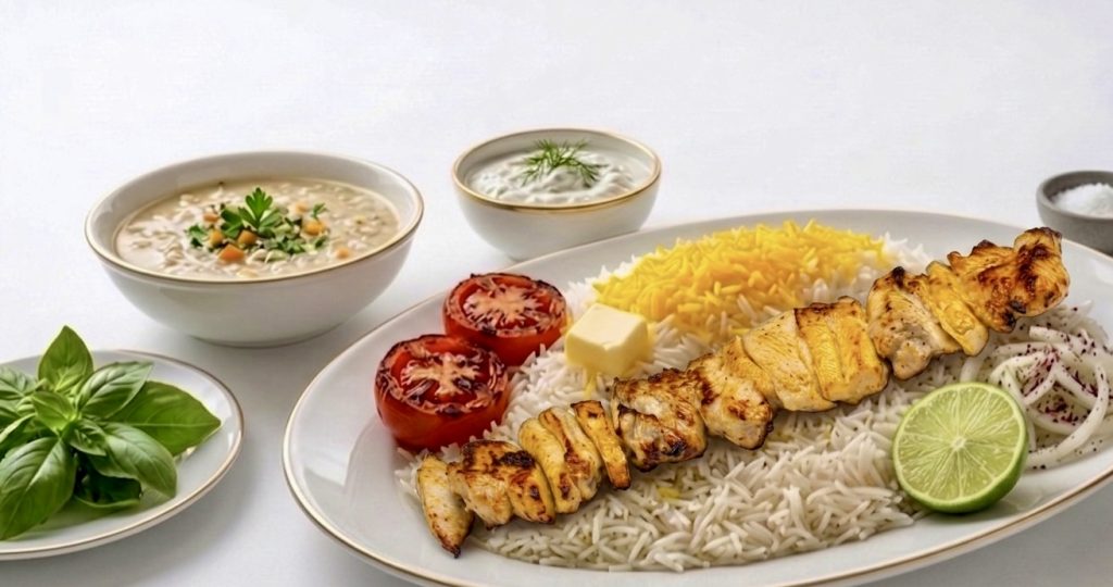 Saffron Grilled Tender Chicken Chunks With rice (Thigh)